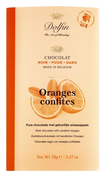 Dolfin Zartbitterschokolade mit kandierten Orangen