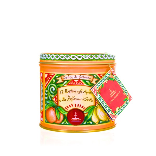 Fiasconaro Panettone mit Zitrusfrüchten und Safran D&G 100g Metalldose orange-grün