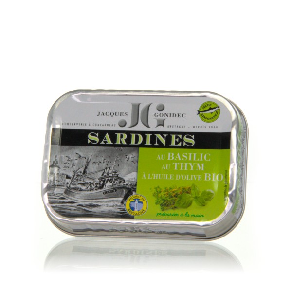 Jacques Gonidec Sardinen in Olivenöl mit Basilikum und Thymian