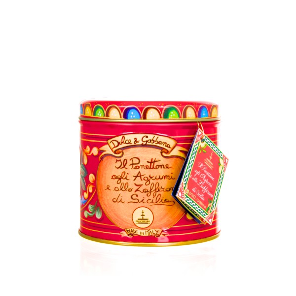 Fiasconaro Panettone mit Zitrusfrüchten und Safran D&G 100g Metalldose rot